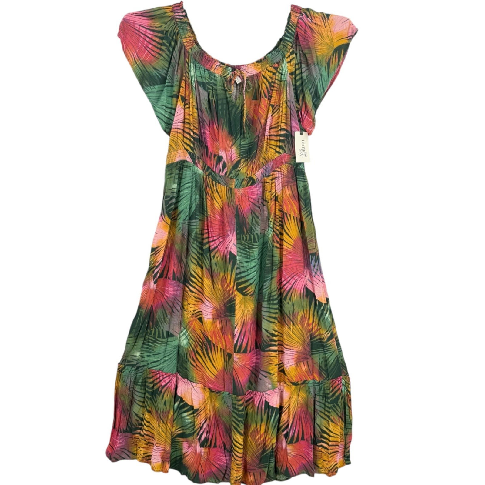 Terra & Sky Summer Tropical Green Pink Maxi Dress 2X 20W-22W Off Shoulder NWT
