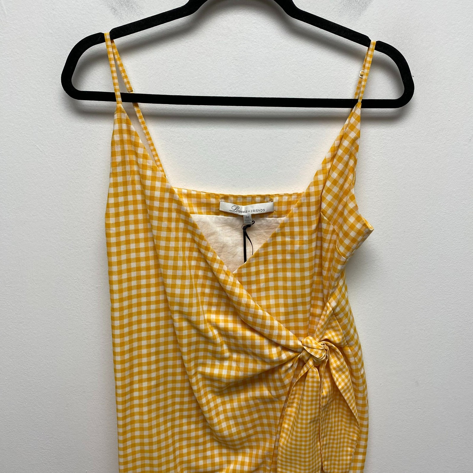 Lovers + Friends Womens Yellow Gingham Adjustable Strap Julian Mini Wrap Dress M