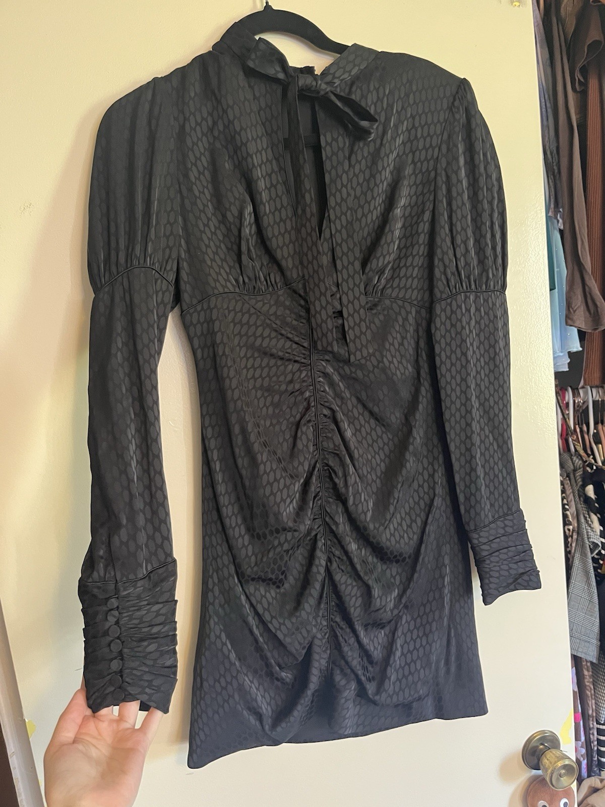 Alexis Black Geometric Ruched Bodycon Mini Puff Sleeve High Neck Tie Zip L