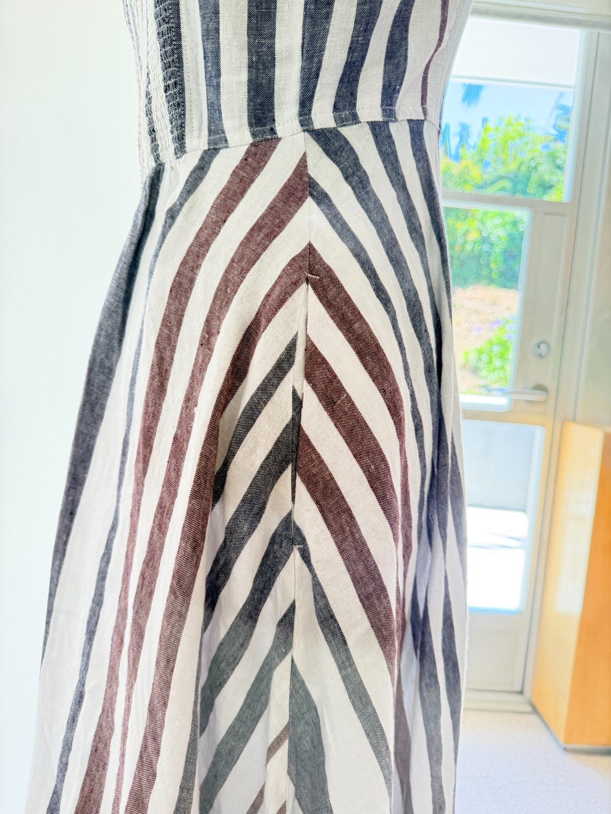 Madewell 100% Linen Striped Circle Maxi Dress w POCKETS White Blue Red US 4