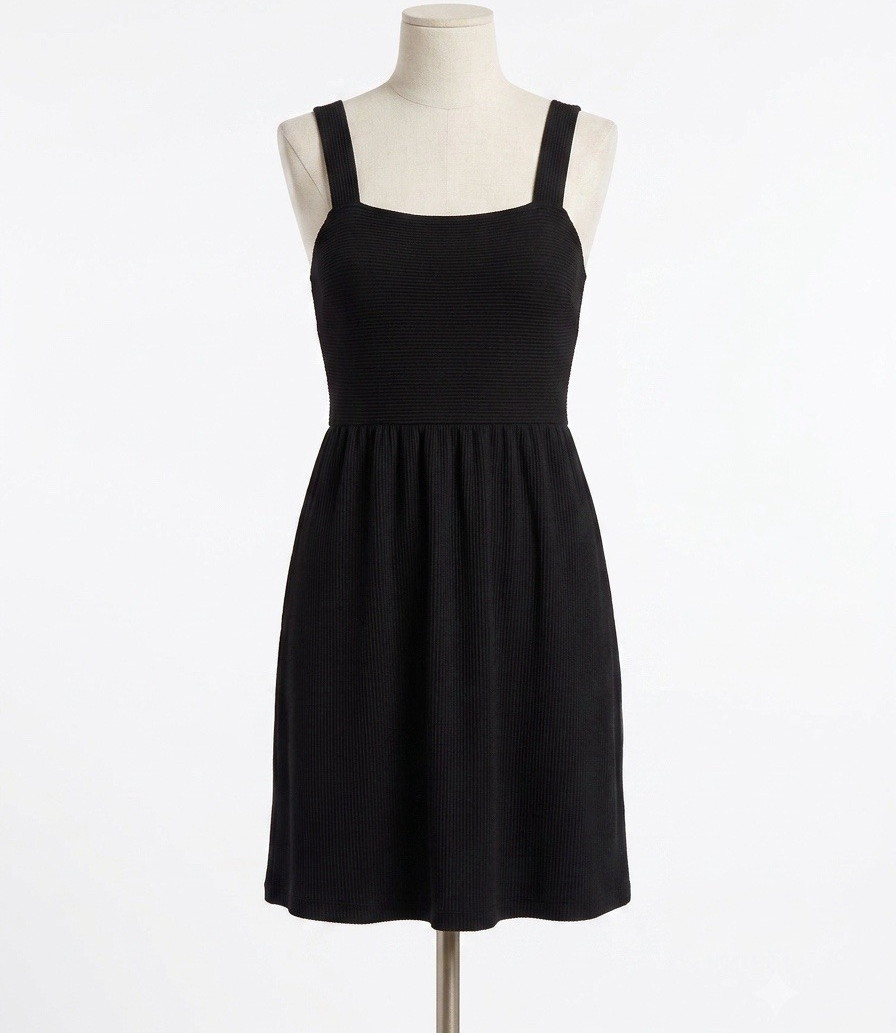 LOFT Women’s Black Solid Knee Length A-Line Dress S Square Neck Ribbed Knit