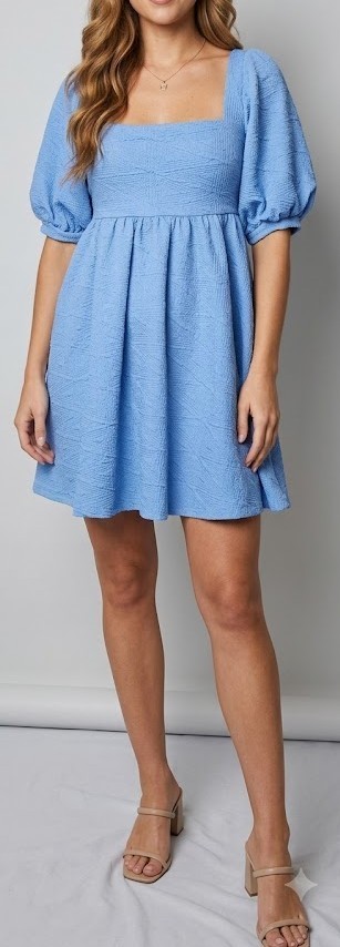 Free People Violet Mini Dress Size S Blue Textured Square Neck Puff Sleeve Boho.