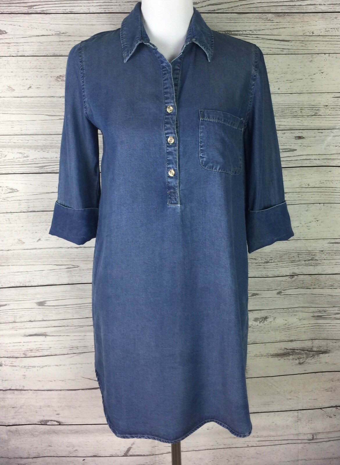 Glam American Made Dress Womens S Blue Chambray Button 3/4 Cuffed Sleeve Pocket