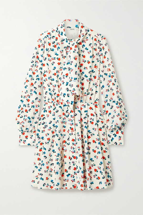 NEW Jason Wu Tie-neck Floral-print Silk Crepe De Chine Silk Dress Size 12 #MD700