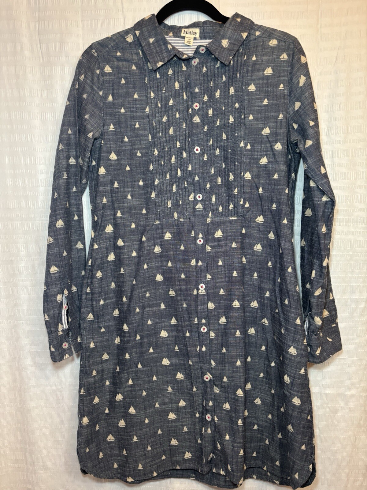Hatley Sailboat Print 100% Cotton Chambray Blue Lightweight Shirt Dress Size S