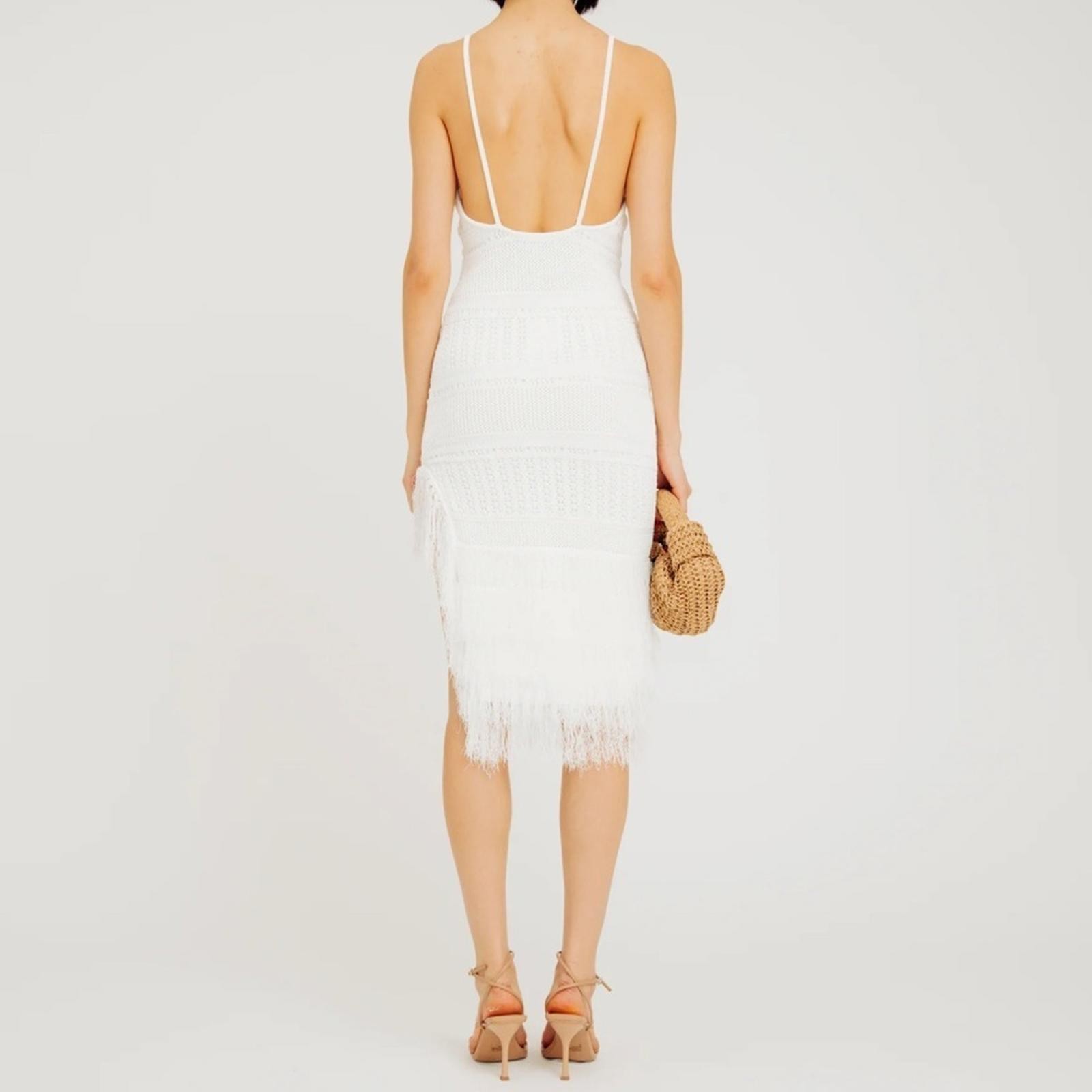 Torn by Ronny Kobo Yuna White Knit Fringe Asymmetric Midi Dress Size Large NWT