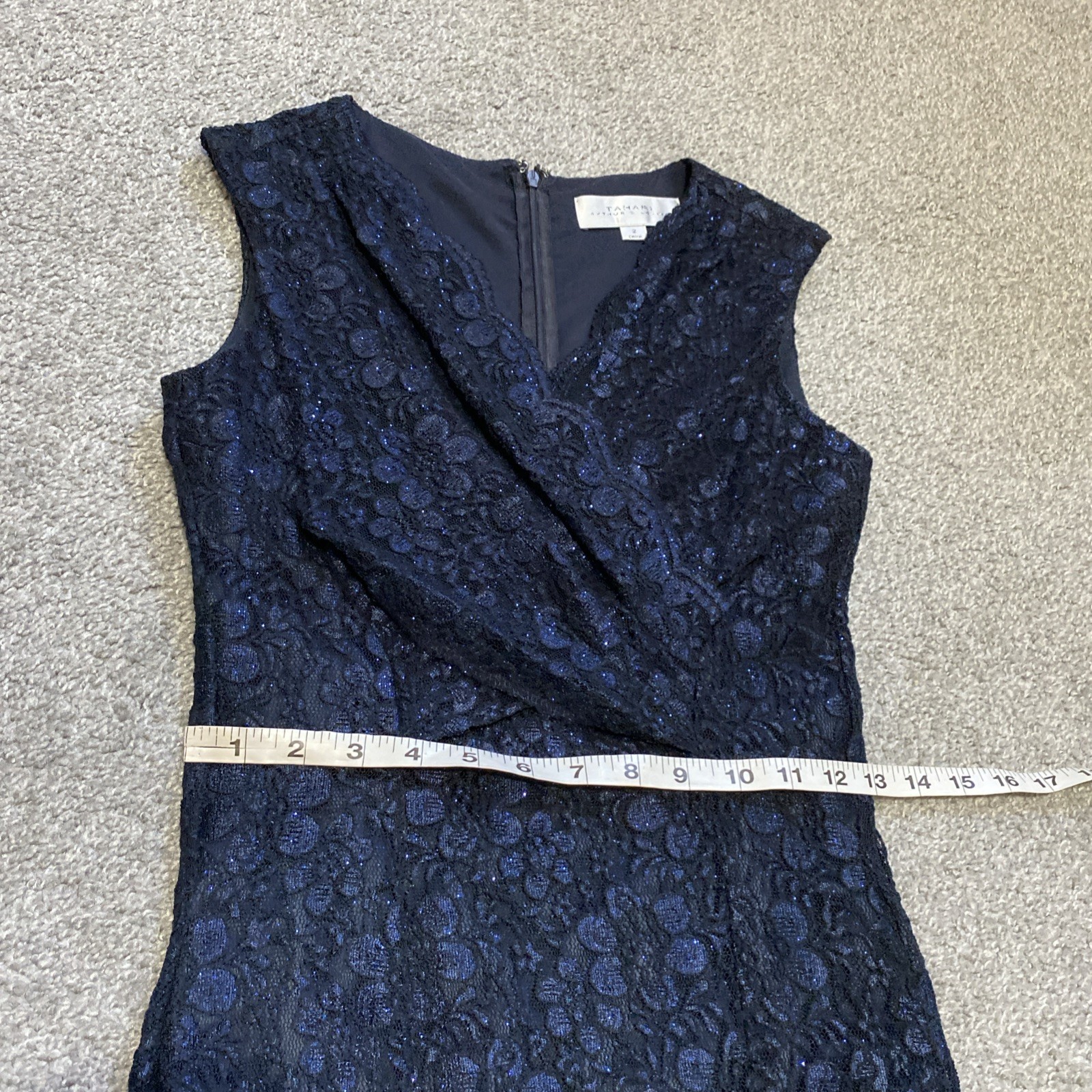 Tahari Arthur Levine Lace Maxi Dress Navy Shimmer Stretch Bodycon Evening wear 2