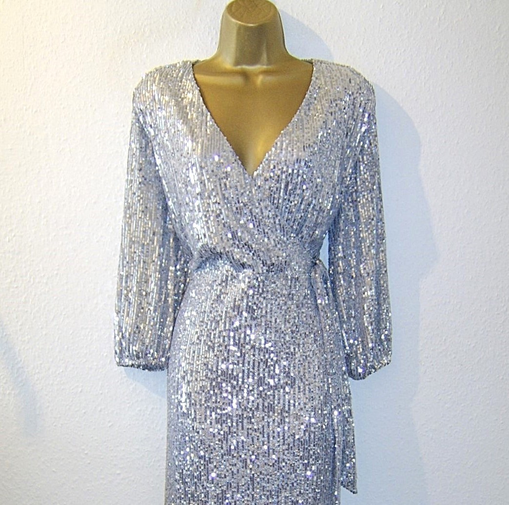 BEAUTIFUL SILVER SEQUIN EVENING PARTY OCCASION DRESS UK 22 NEW