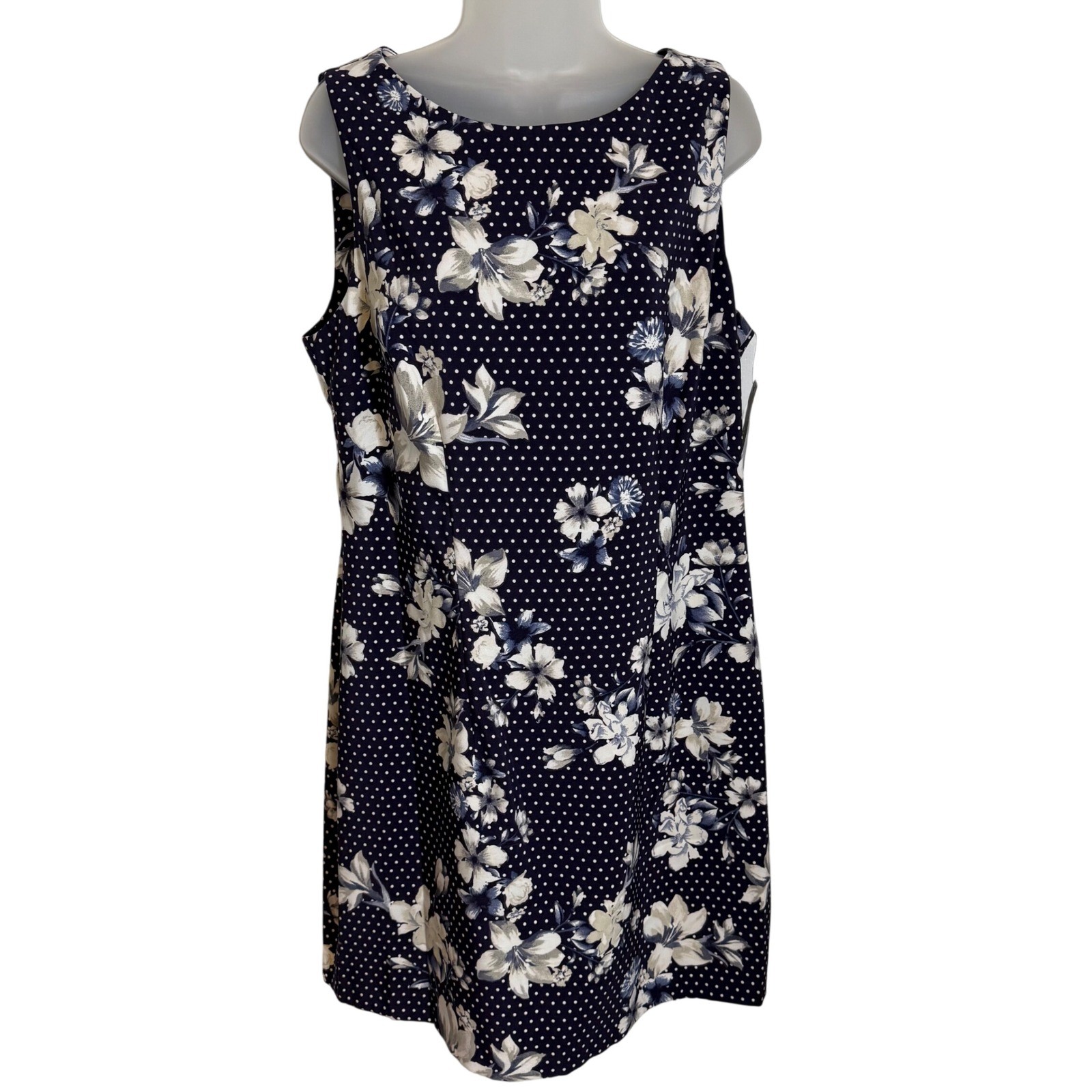ALYX Navy Blue Floral Polka Dot Dress 16 Sheath Sleeveless Stretch NWT Timeless