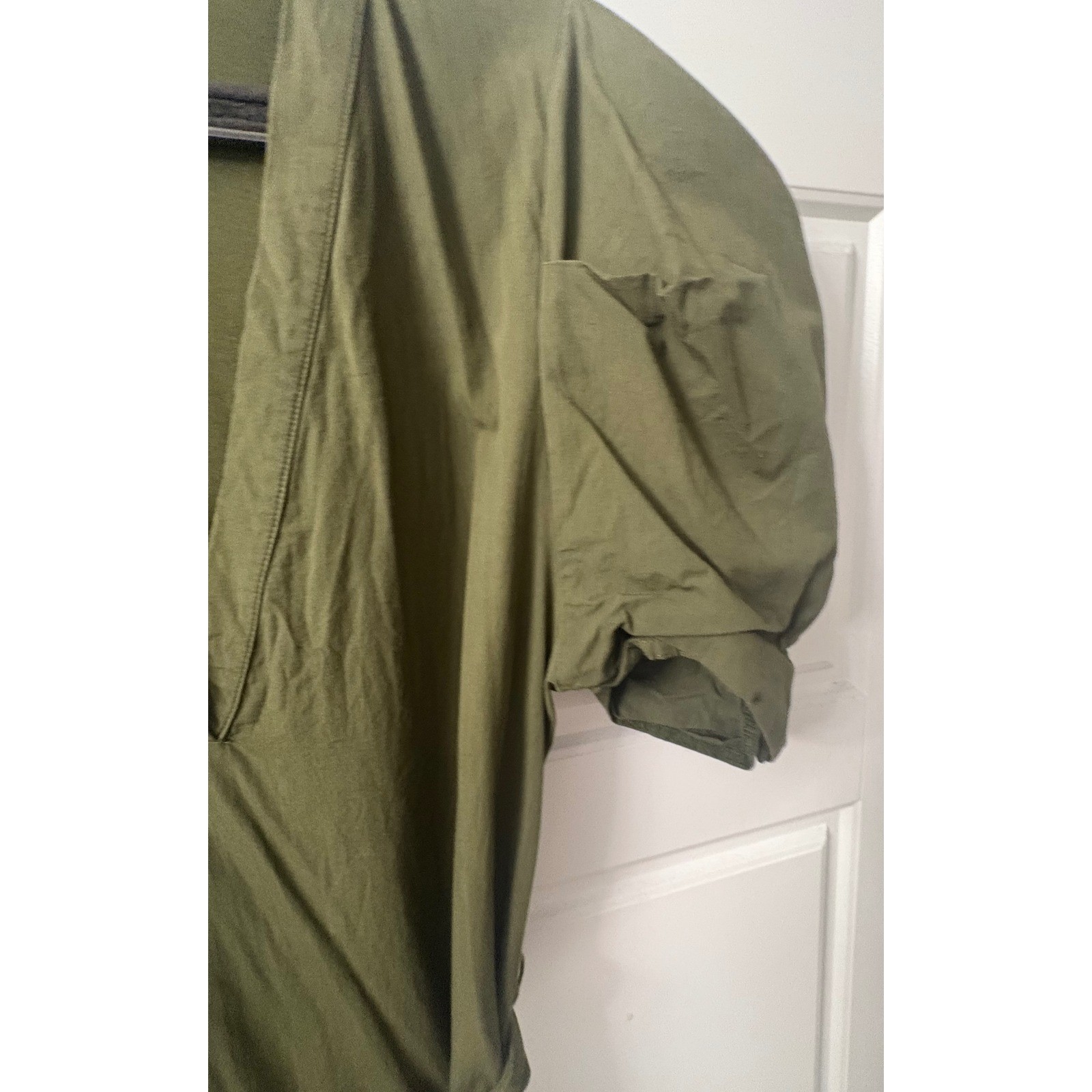 Zara Womens Olive Green Puff Sleeve V-Neck Midi Cotton Poplin Dress Size S