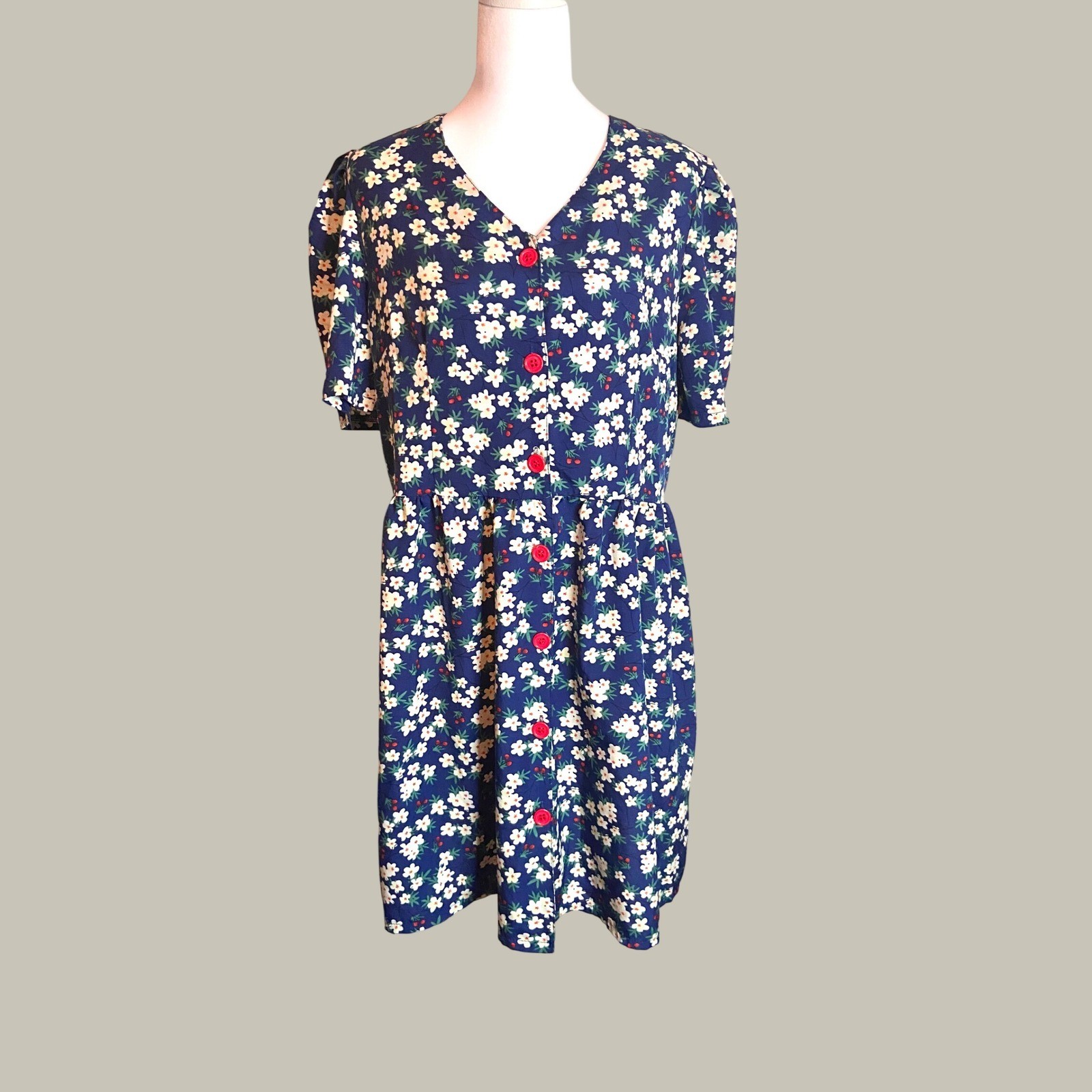 Vintage Style Floral Button Down Dress Navy Blue Daisy Cherry Print Small