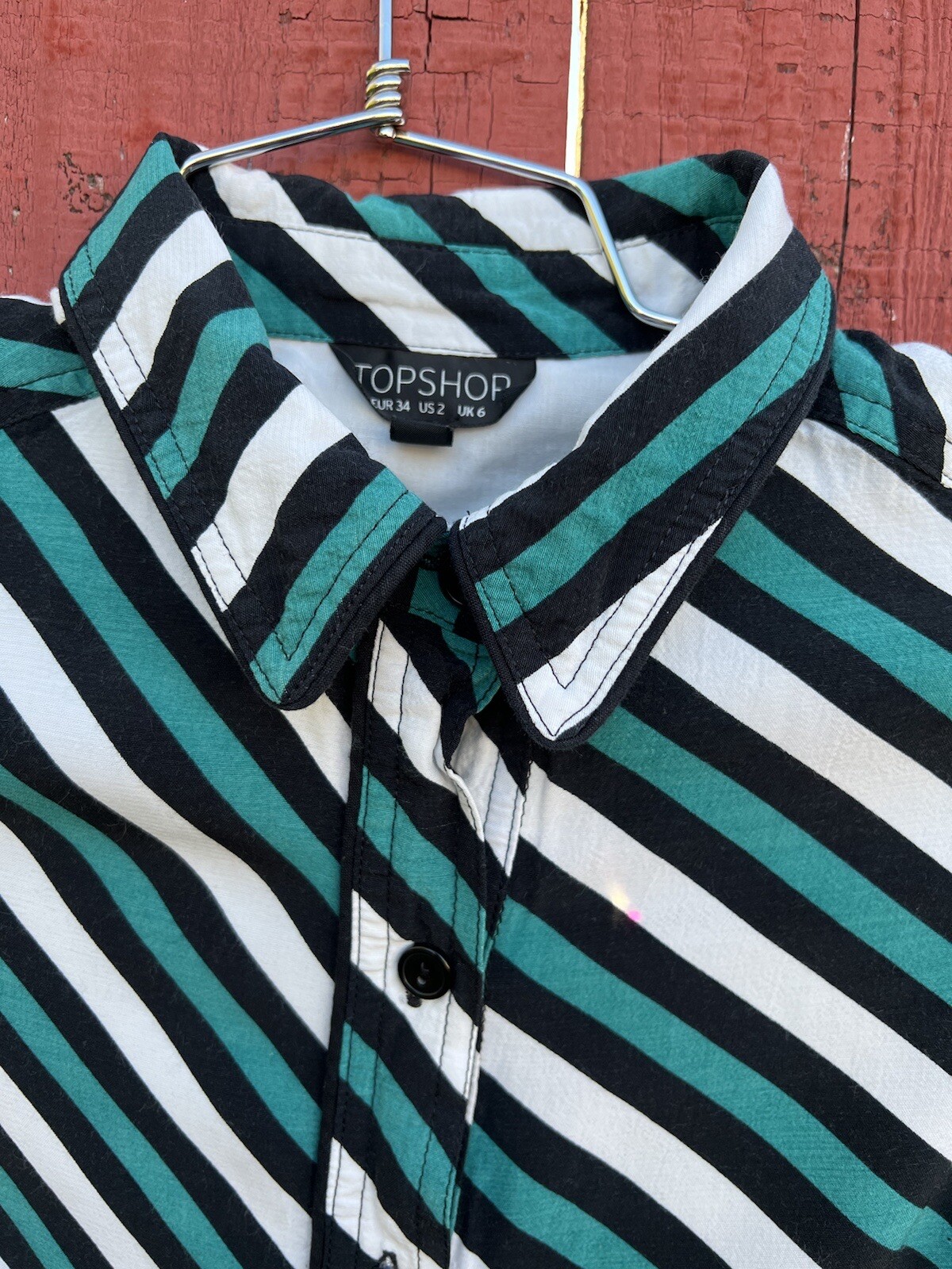 Topshop Striped Button Up Midi Shirt Dress Green White Black Mod Retro Collar