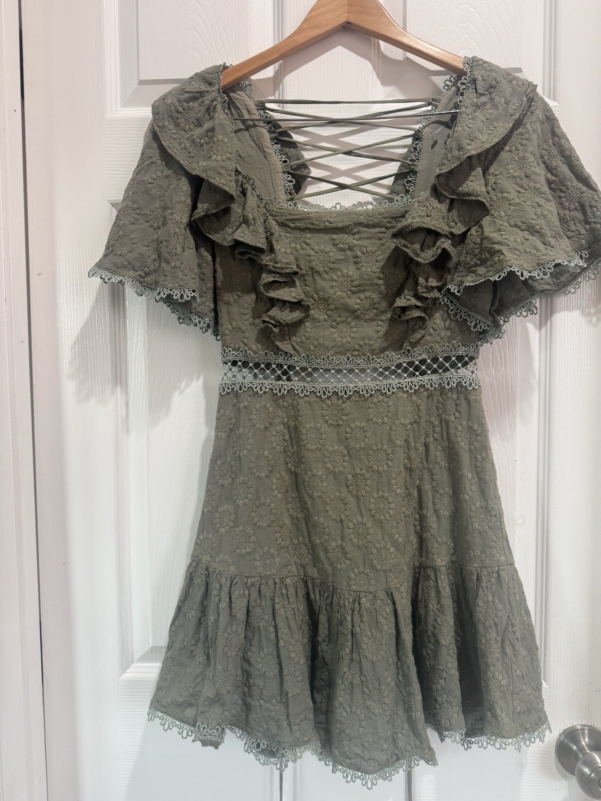 Saints + Secrets Green Ruffle Lace Mini Dress Open Back Tie Square Neck Size S
