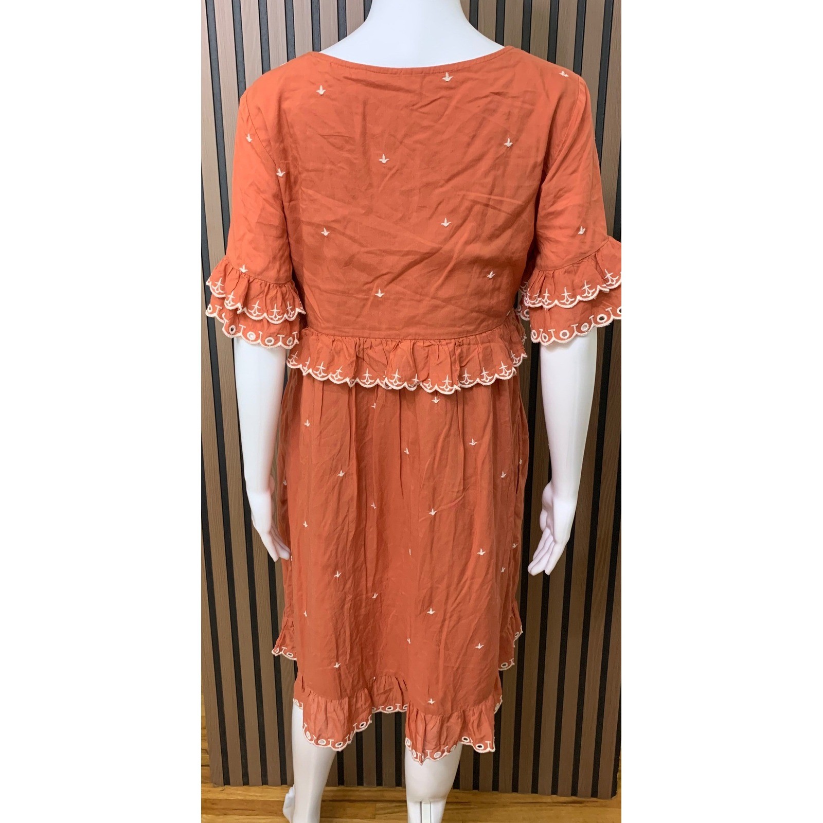 Anthropologie Terracotta Orange Embroidered Ruffle Peplum V-Neck Dress Size 6