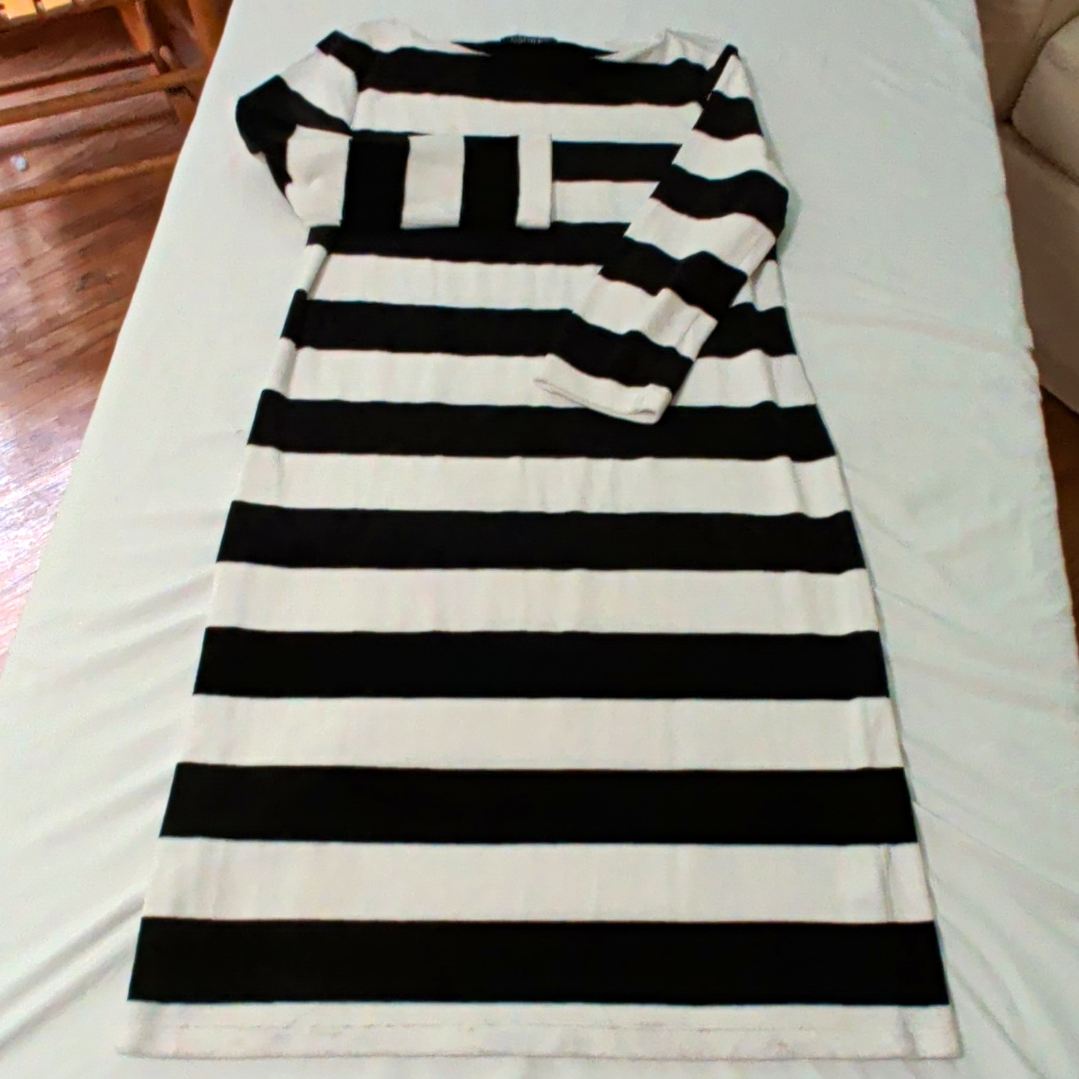 058- Lauren Ralph Lauren Shift Dress M Black White Striped Boat Neck 3/4 Knit