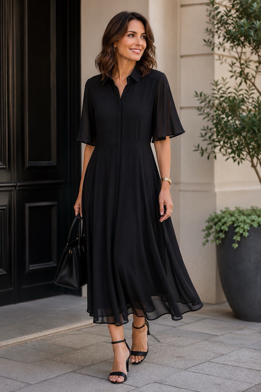 Tuckernuck Pomander Place Black Chiffon Midi Dress L Collared Button Flutter