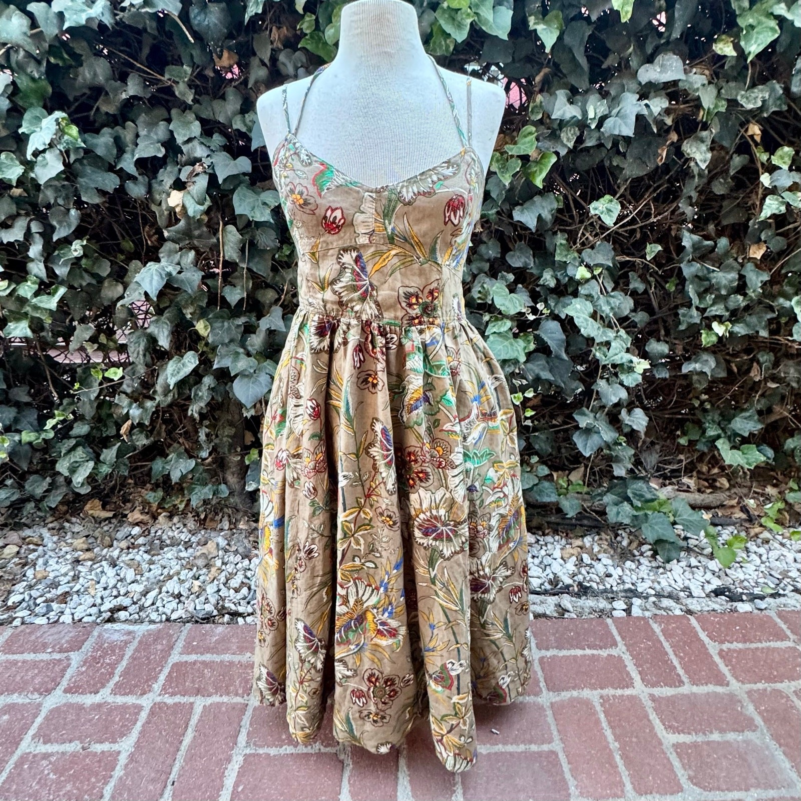 Fit & Flare Midi Dress Linen Fitted Bodice Full Skirt Prairie Romantic Feminine