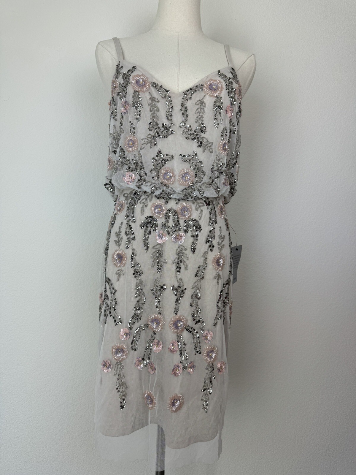 Adrianna Papell Floral Beaded Blouson Mini Dress Sz 6