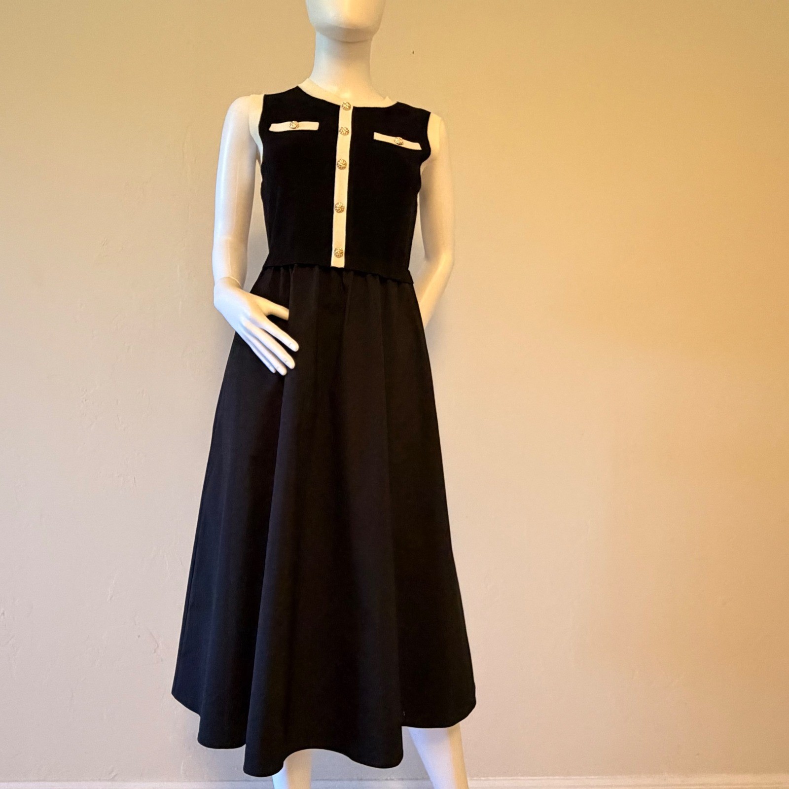 NWT Goelia Women’s Black Knit Mixed Media Midi Dress Gold Buttons Sleeveless S