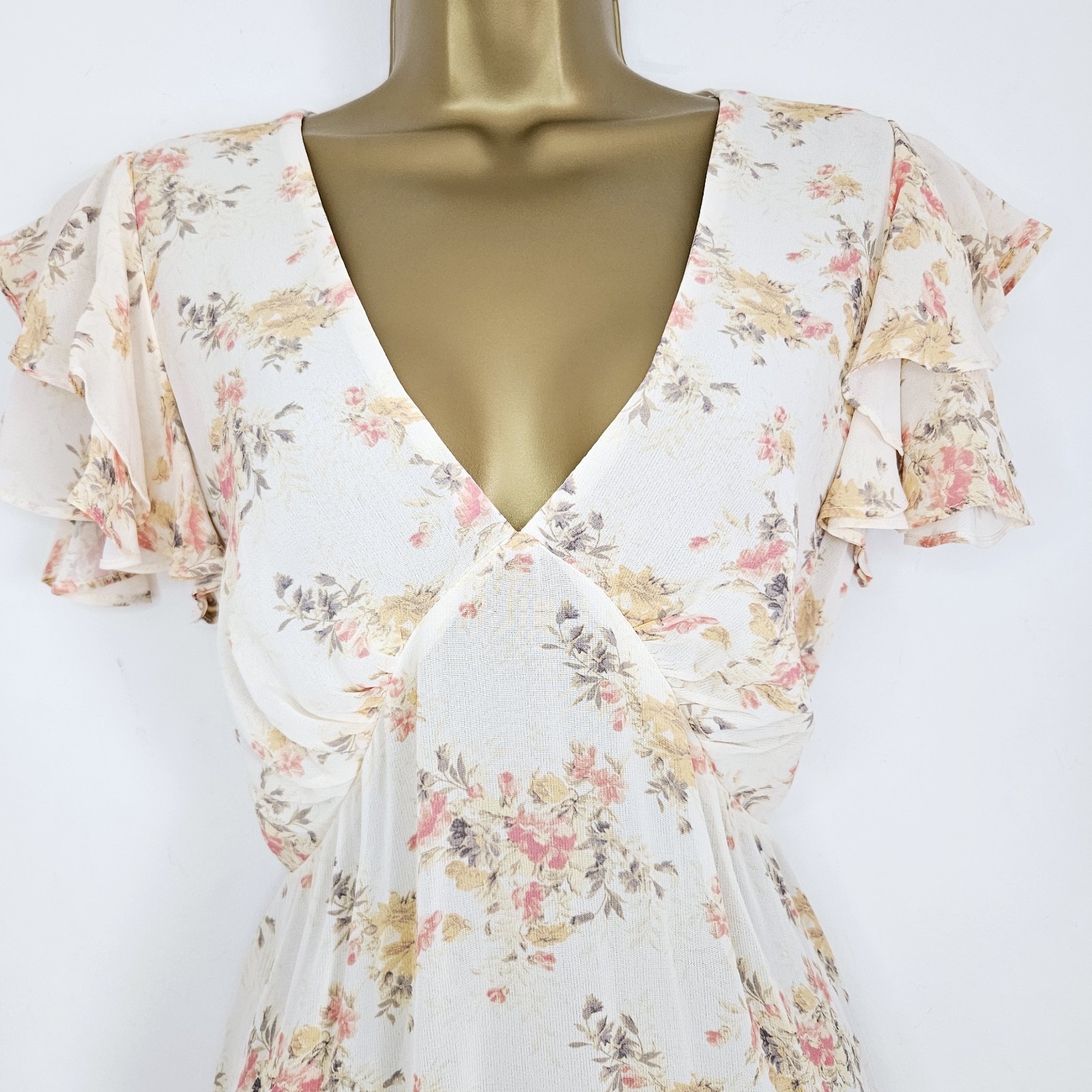 NEW Ex NEW LOOK 10-18 Ruffle Chiffon Floral Dress Ivory Pink Occasion Wedding