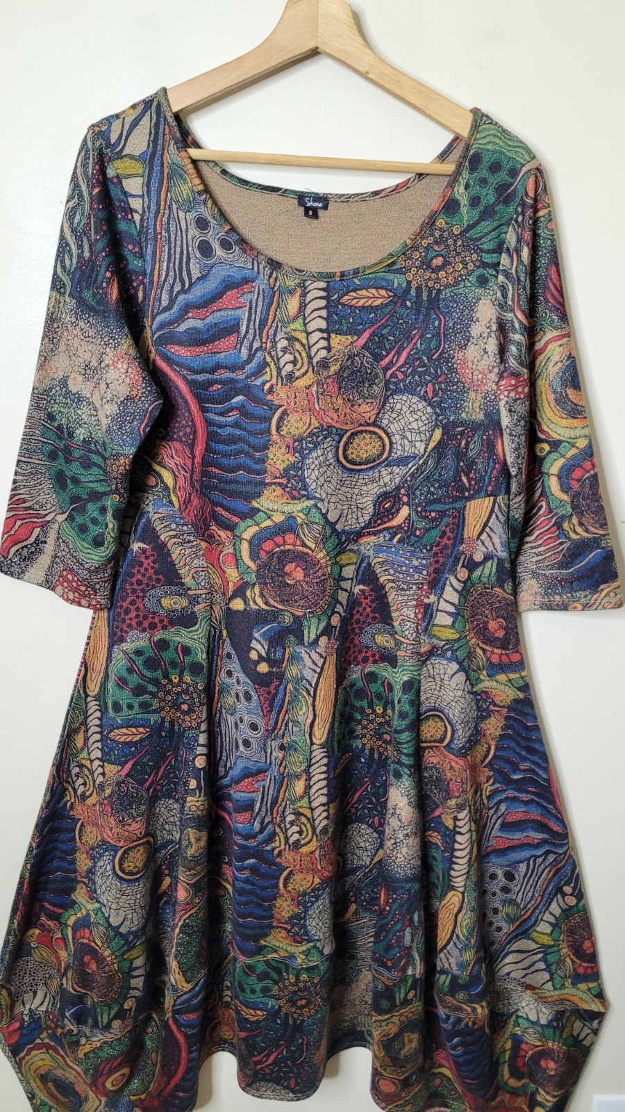 Shana Boho Bubble-Hem Midi Dress Small Lagenlook 3/4 Sleeve Stretch Artsy
