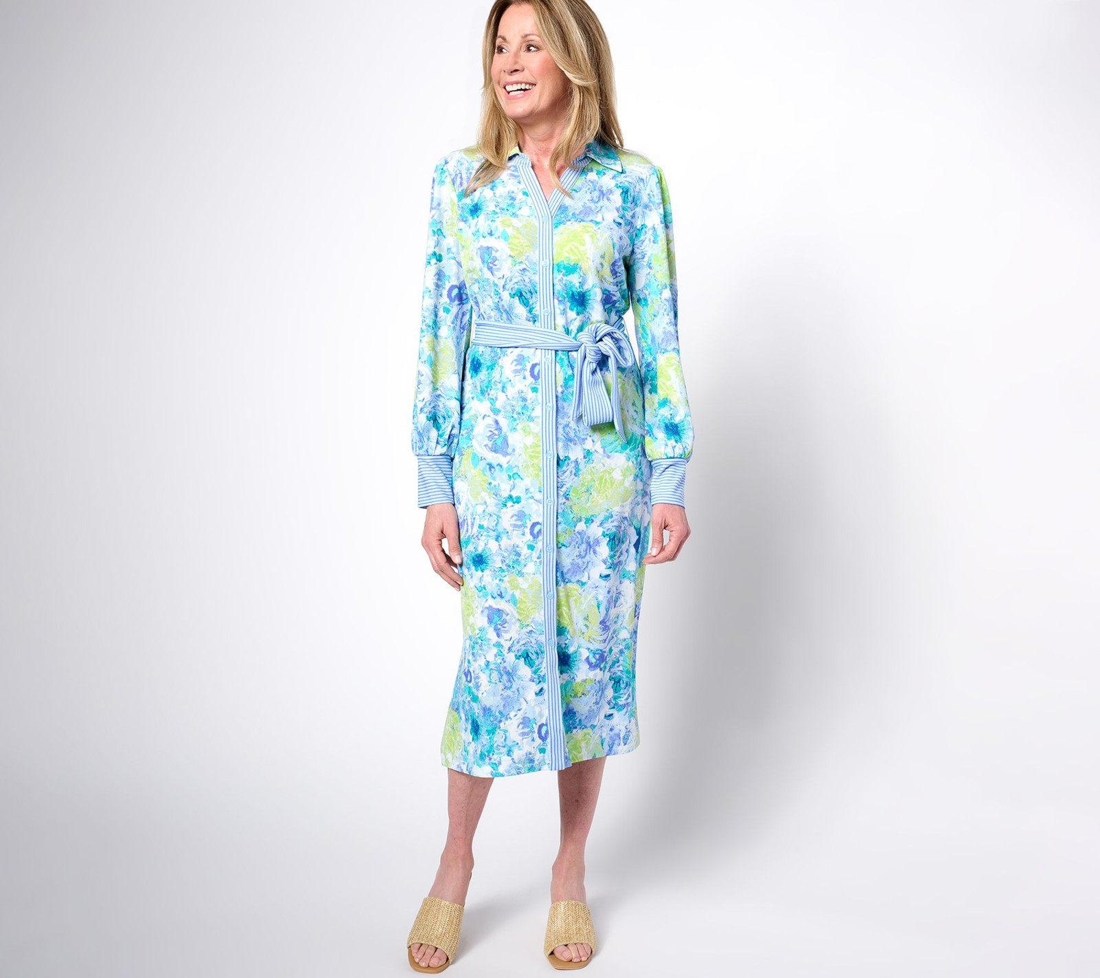 Isaac Mizrahi Live! Regular Pebblette Long Sleeve Midi Shirt Dress Blue Roses L