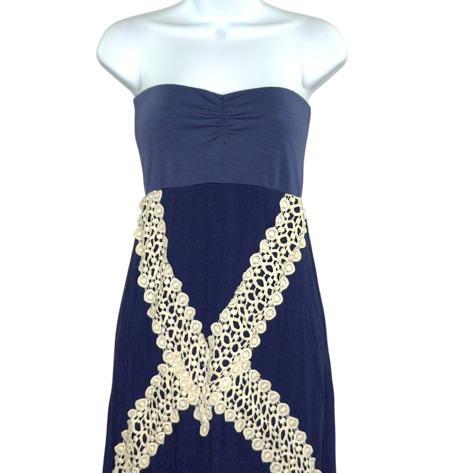 Judith March S Navy Blue Strapless Midi Dress Lace Appliqué Resort Hippie *flaw