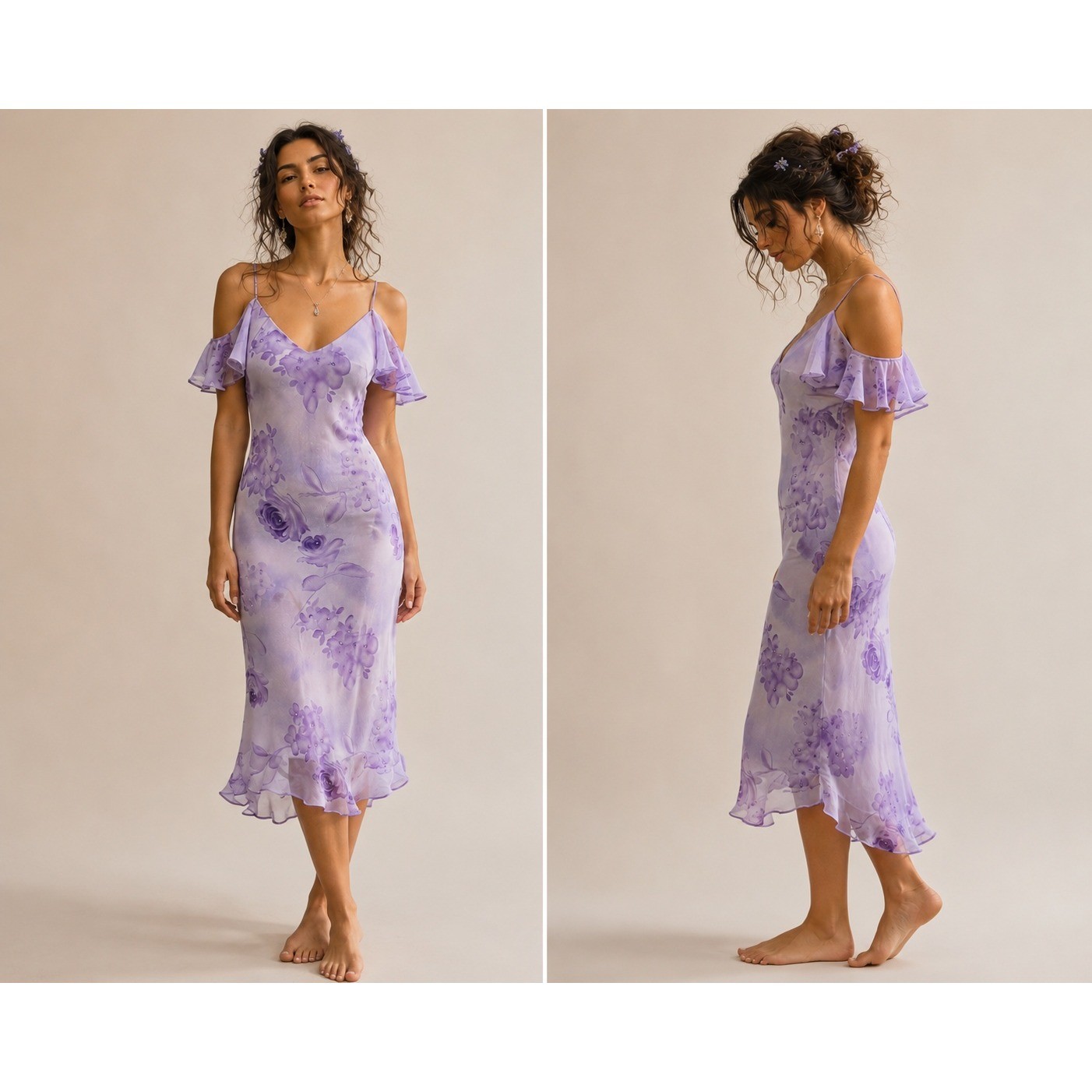 Y2K Chelsea Nites Chiffon Floral Midi Dress 8 Lilac Beaded Ruffle Fairy Ethereal