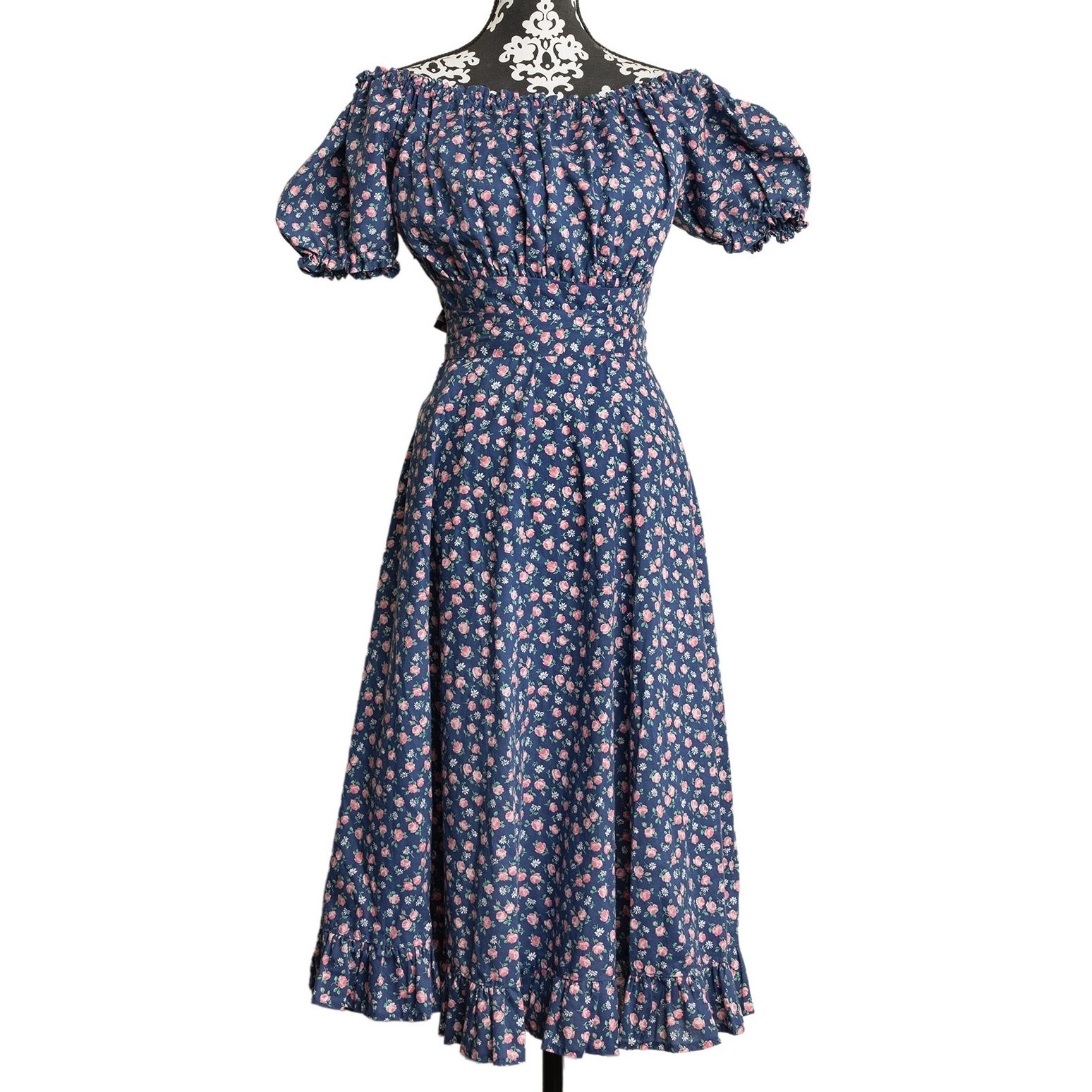 Women’s Vintage CotageCore Cotton Side-Zip Floral Midi Maxi Dress w/ Cinch Waist