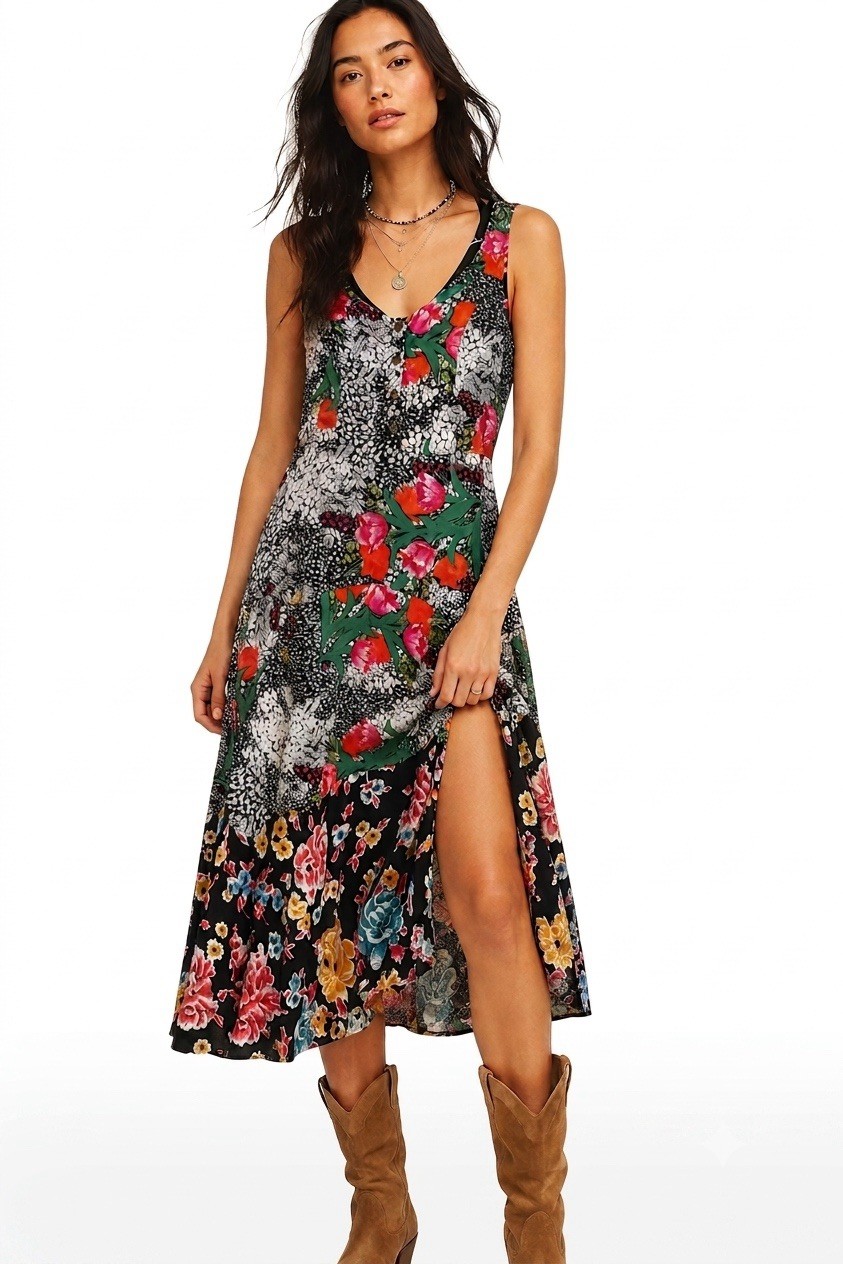 Maeve Anthropologie Floral Mixed Print Midi Dress Viscose Side Zip Womens 2 Boho