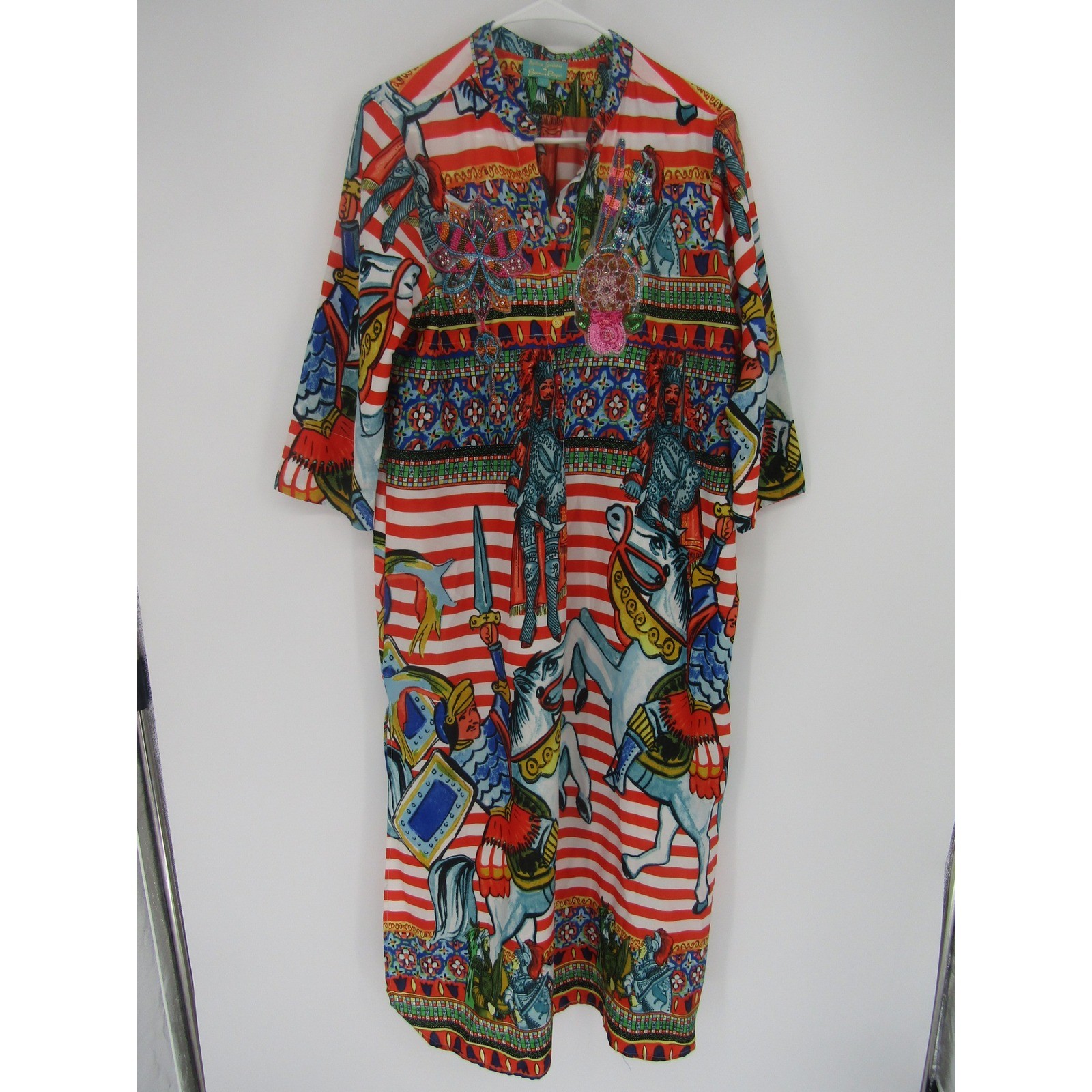 Antica Sartoria Dress Womens L Red White Striped Knight Horse Beaded Maxi