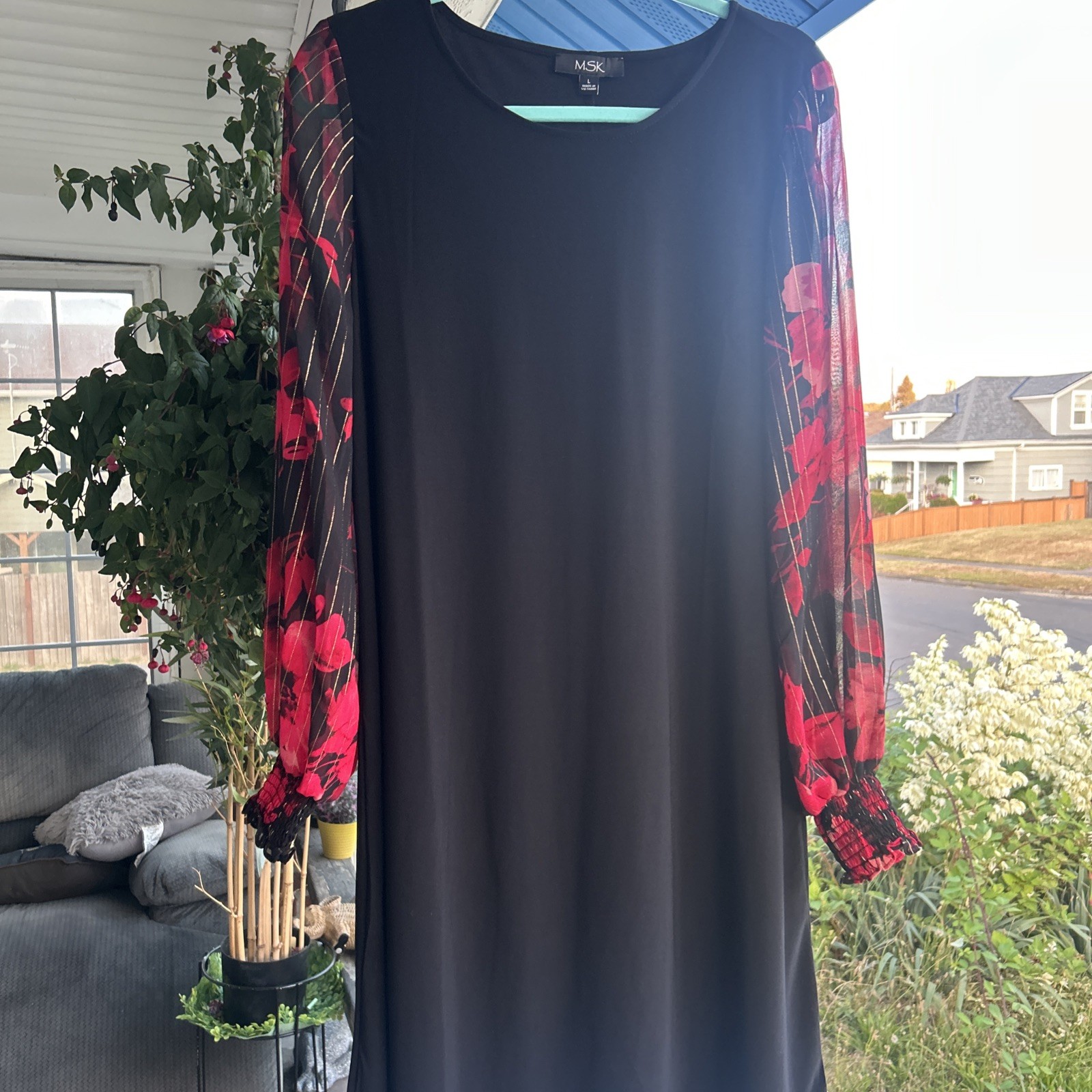 MSK WOMENS DRESS BLOUSON BLACK WITH FLORAL RED PRINT LON SLEEVE SHIFT SIZE LARGE