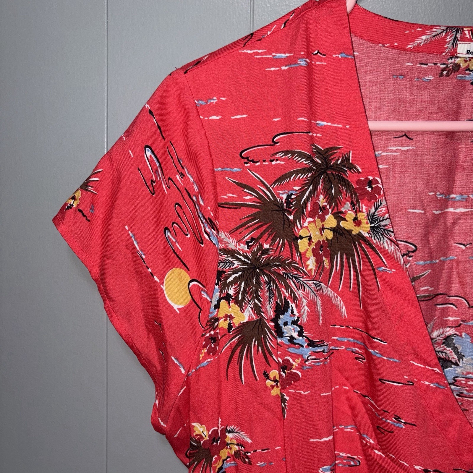 Reformation Denise Button Down Coral Red Fiji Tropical Midi Dress XL