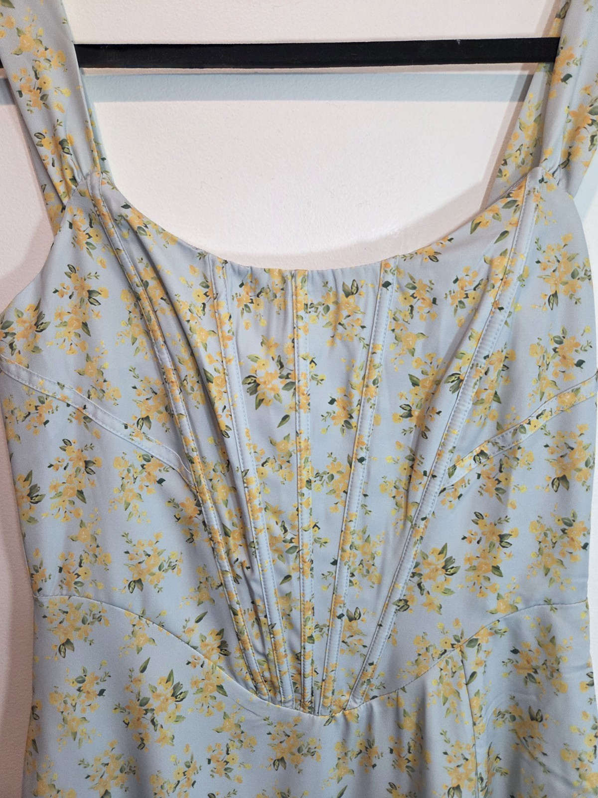 UNBRANDED Size L Blue/Yellow Floral Square Neck Corset Back Lace Up Midi Dress