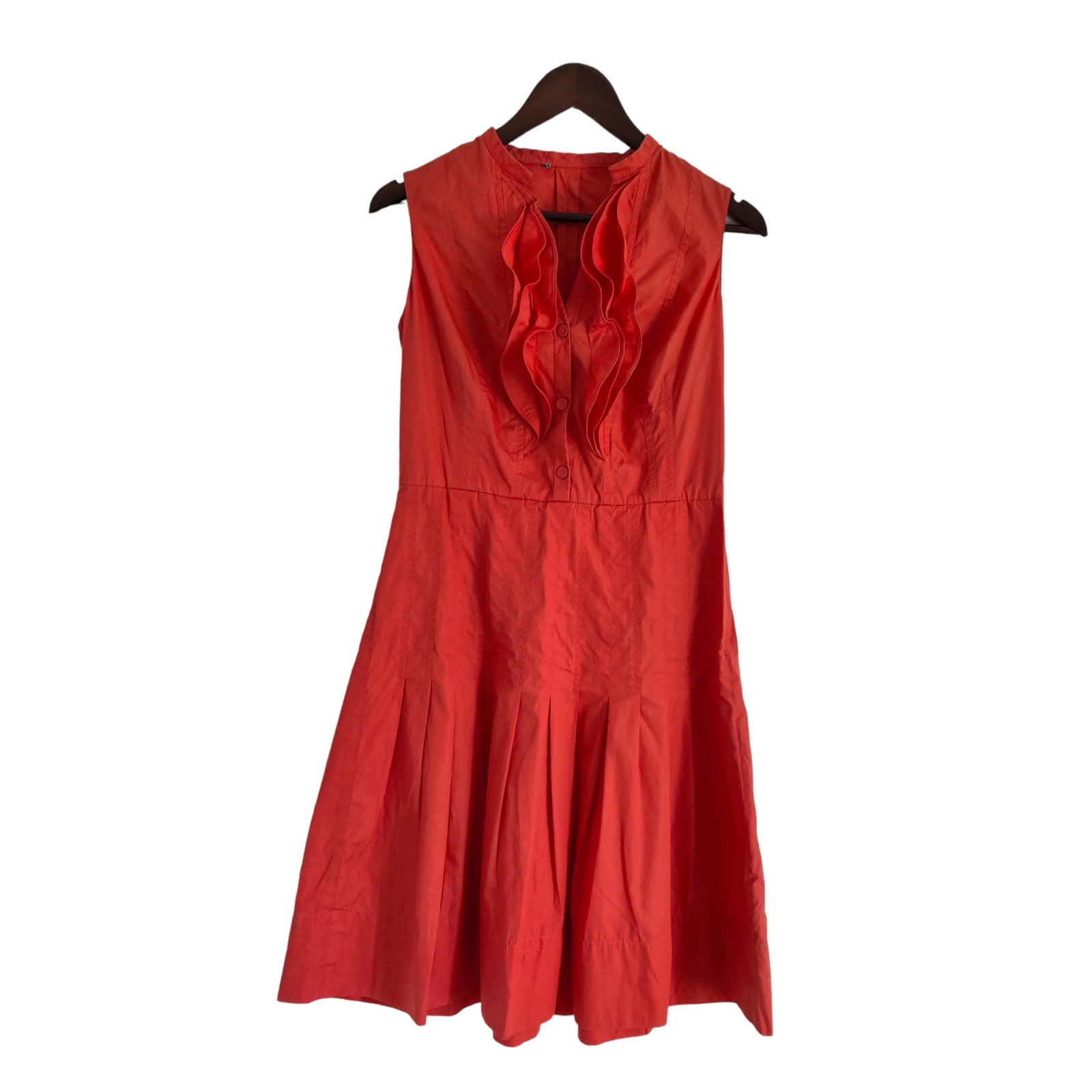 Orange A-Line Pleated Ruffle Neck Dress Sleeveless 100% Cotton Fit & Flare Sz 8