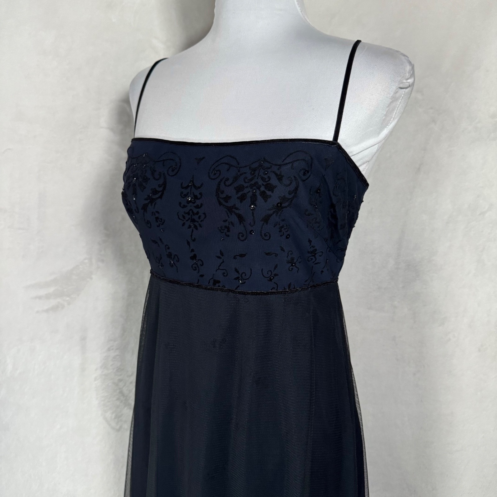 VTG 90s Laundry Shelli Segal Mesh Velvet Babydoll Dress Beaded Fairy Goth 8 XS