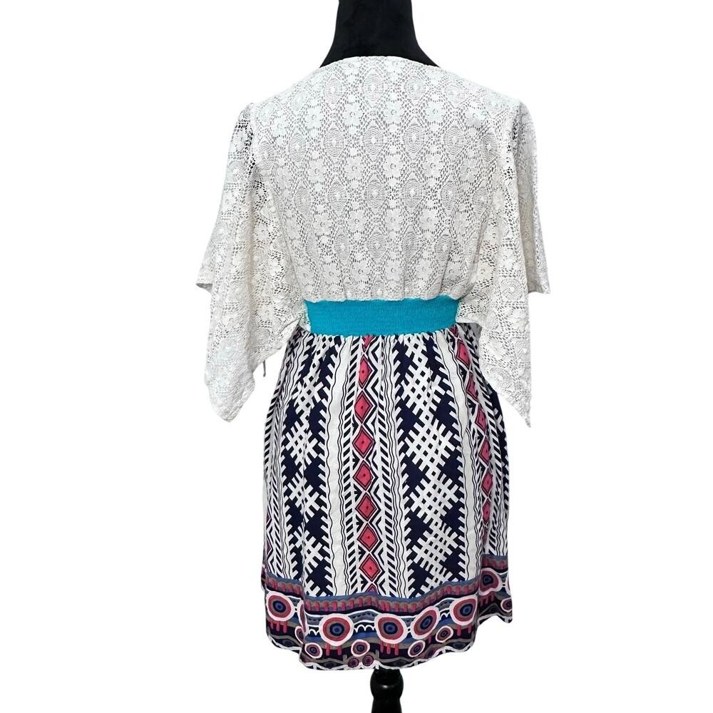 Flying Tomato Mini Dress Medium White Blue Pink Lace Boho Festival Tribal