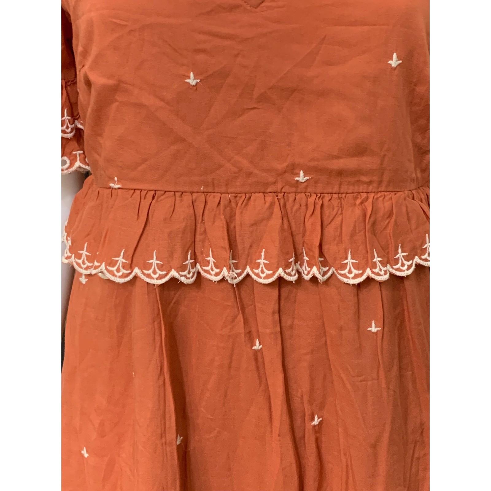 Anthropologie Terracotta Orange Embroidered Ruffle Peplum V-Neck Dress Size 6