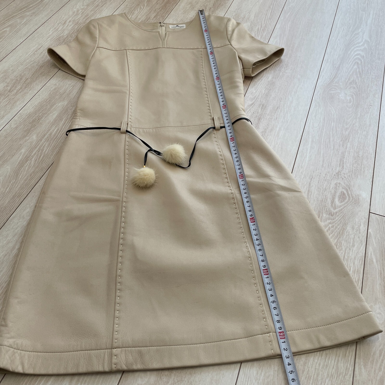 Courreges Sheepskin Lamb Leather Dress Beige Zip Woman Size L US/S-M Japan Rare