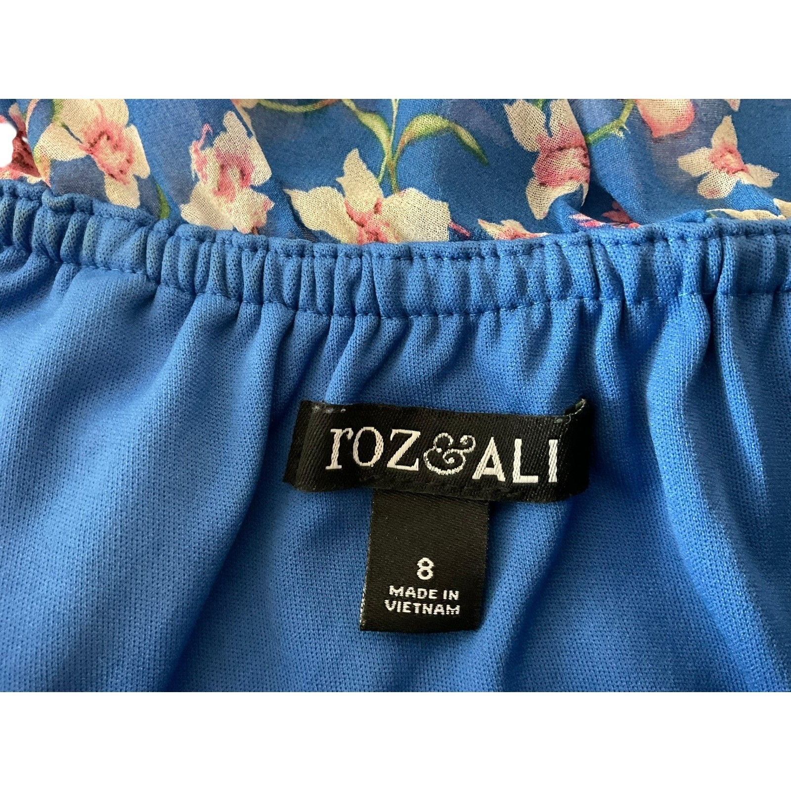 Roz & Ali Blue Floral Ruffle Sleeve Tie Neck Shift Dress Womens Size 8