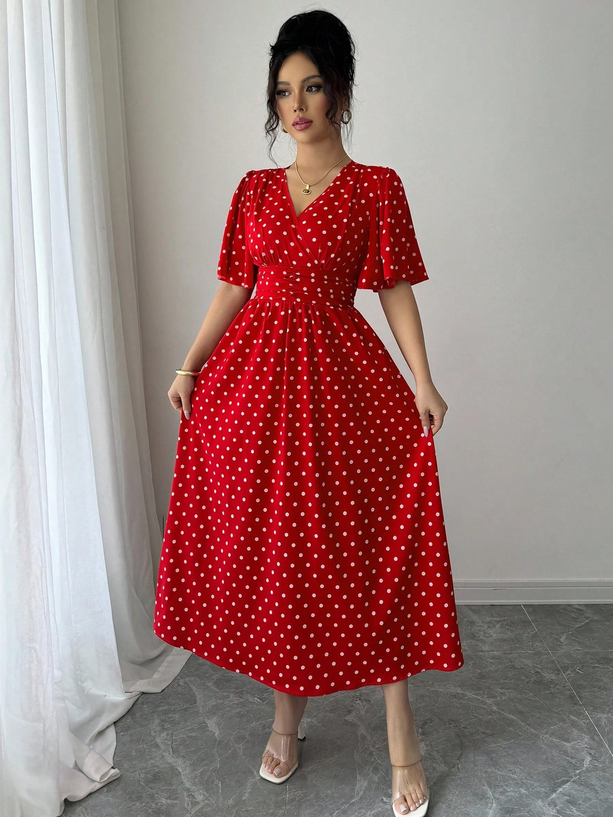 Elegant Polka Dot Pattern V Neck Midi Dress