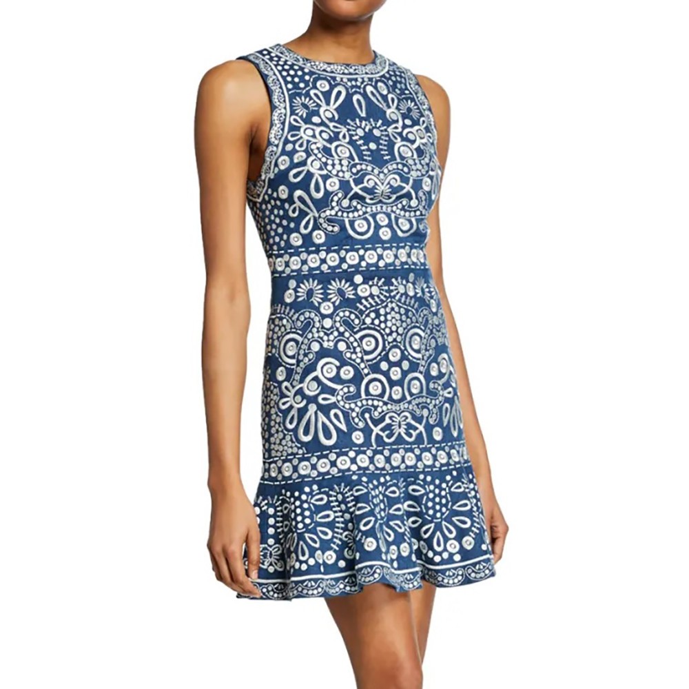 Alice + Olivia Rapunzel Mini Dress Embroidered Blue Denim Floral Dot Chambray 0