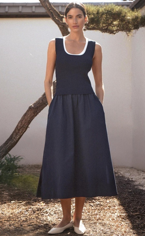 Brochu Walker $388 Sofia Pre-Layered Dress in Navy with White; S