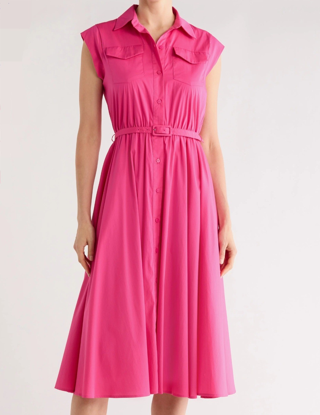 T Tahari Cap Sleeve Fit & Flare Button Collared Tulip Pink Short Sleeve Dress