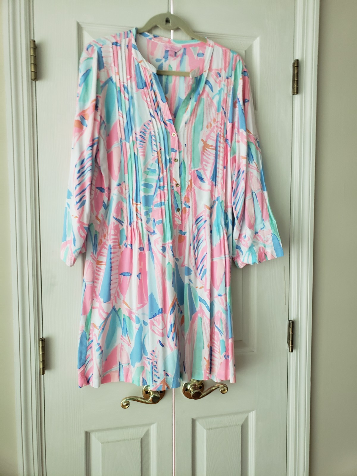 Lilly Pulitzer Women sz L Pink Blue Green Abstract V-Neck 3/4 Sleeve Dress
