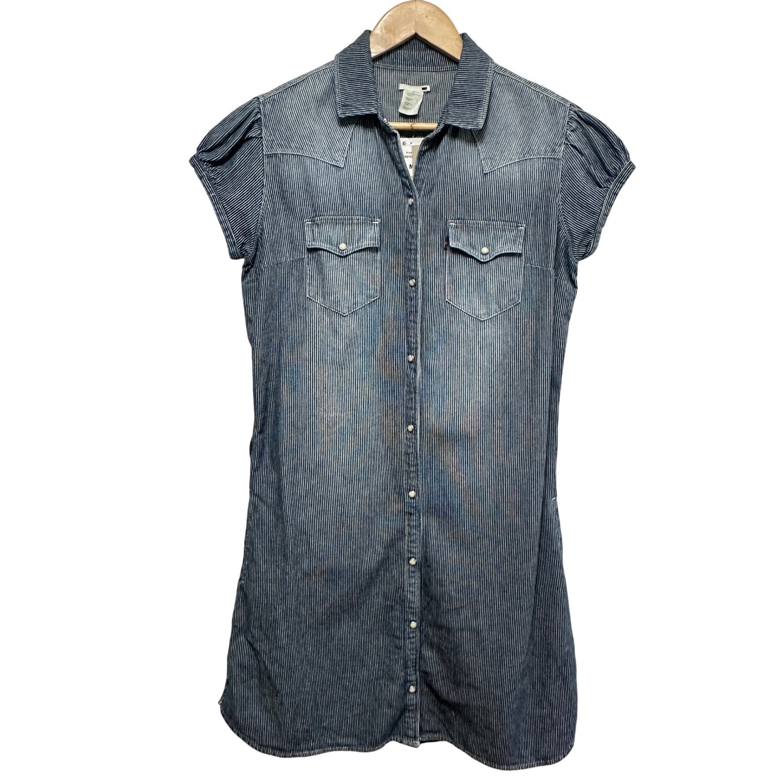 Levi’s Denim Pearl Snap Shirt Dress Women Medium Blue Stripe Western Cowgirl NEW