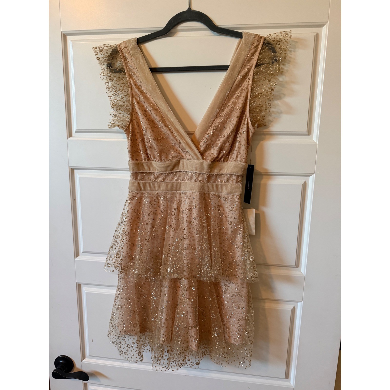 Lulus Champagne Gold Glitter Tulle Tiered Mini Dress Small Fairycore Glam