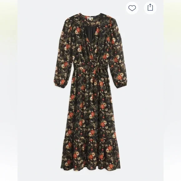 Nine Britton Black Floral SMALL Long Sleeve Wrap Front Tie Waist Dress NWT 341