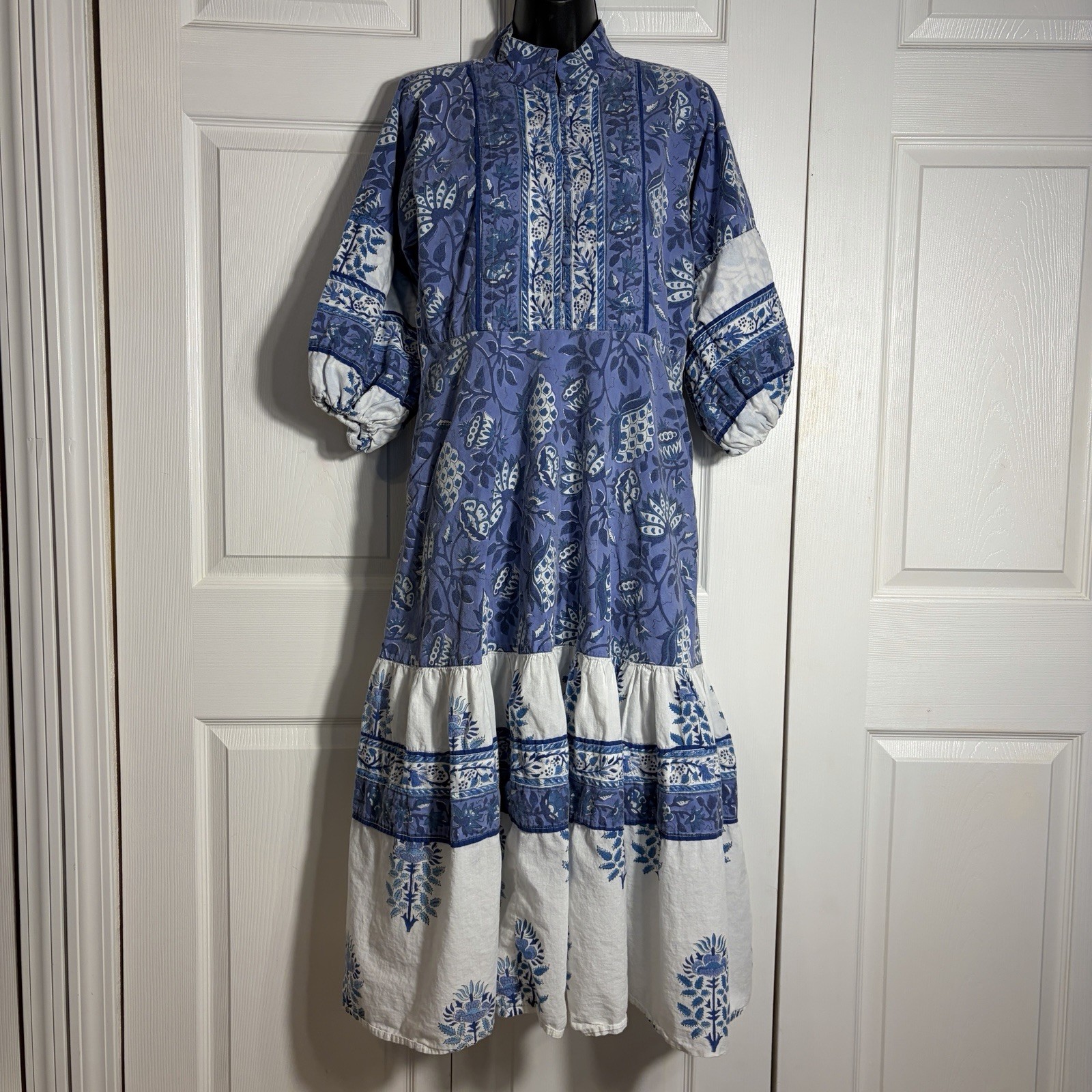 Sue Sartor Palermo Flounce Dress Women M Blue White Floral Block Print Tiered