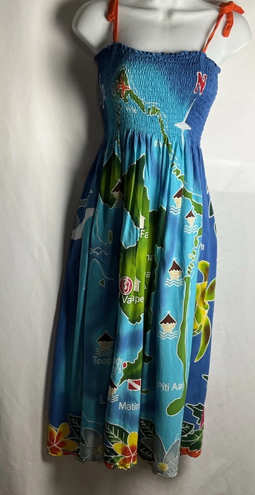 Bora Bora Womens Small Medium Tropical Map Sea Life Tie Shoulder Long Sundress